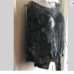 MOSCA Black/White Floral Ruched Faux Wrap Tunic L